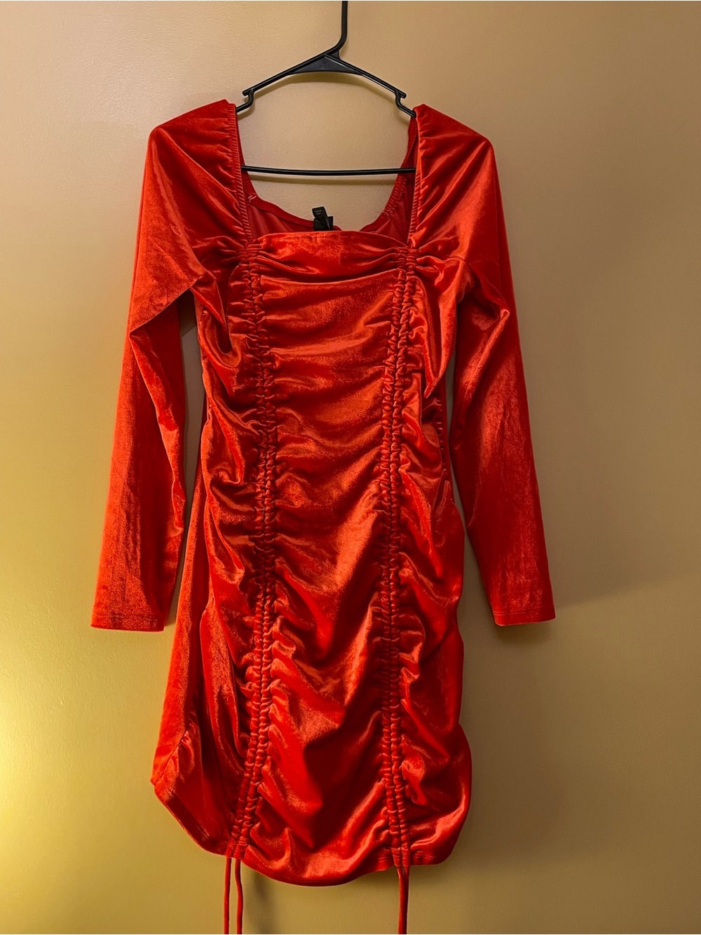 Red Satin Ruched Long Sleeve Mini Dress